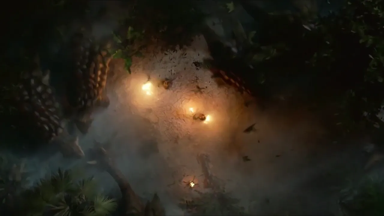 Night aerial over a lit set on a bridge